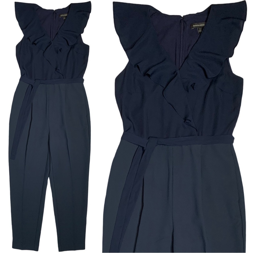 Banana Republic Women Ruffle V-Neck Cropped Jumpsuit Size 0 Navy Blue - Picture 9 of 17